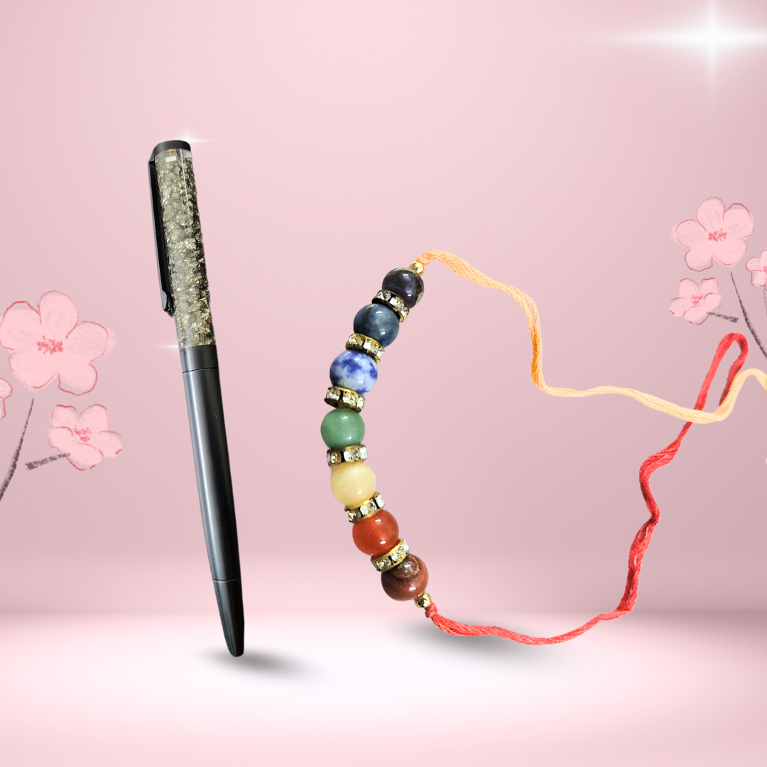 Power & Protection Rakhi Gift Set for brother – Pyrite Crystal Ball Pen + Designer 7 Chakra Rakhi – Pyrite Pen & Chakra Rakhi A Raksha Bandhan Gift