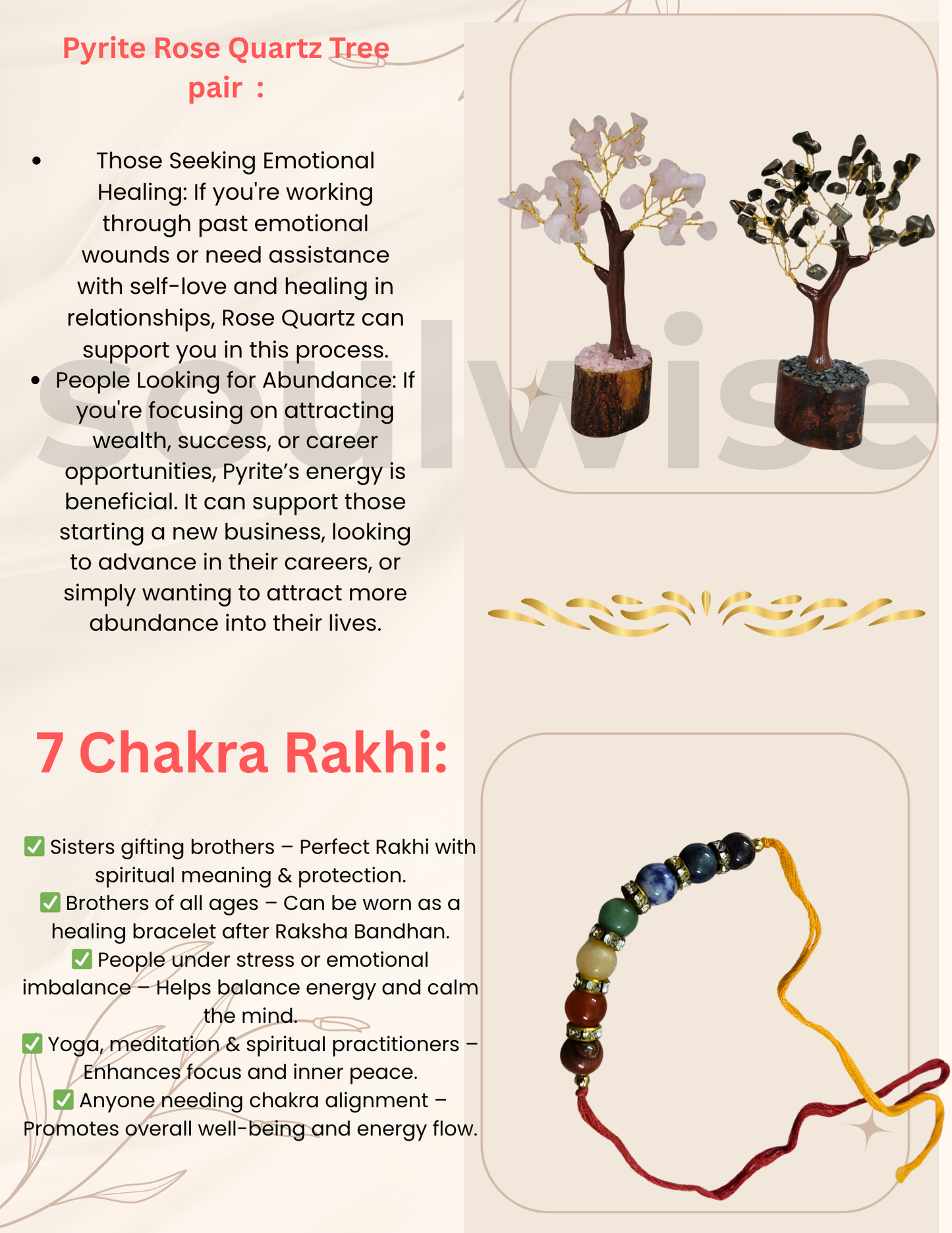 Soulwise Rakhi Gift for Brother – Rose Quartz & Pyrite Crystal Tree Set with Wooden Base (6") + Designer 7 Chakra Healing Stone Rakhi – Raksha Bandhan Special Combo Gift.