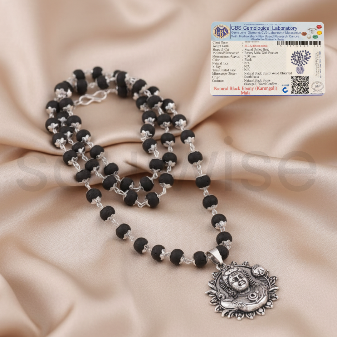 Karungali Mala with Lord Shiva Pendant – Handmade Ebony Wood Beads Necklace with Silver Alloy Pendant for Men & Women – Spiritual, Protective & Devotional Wear