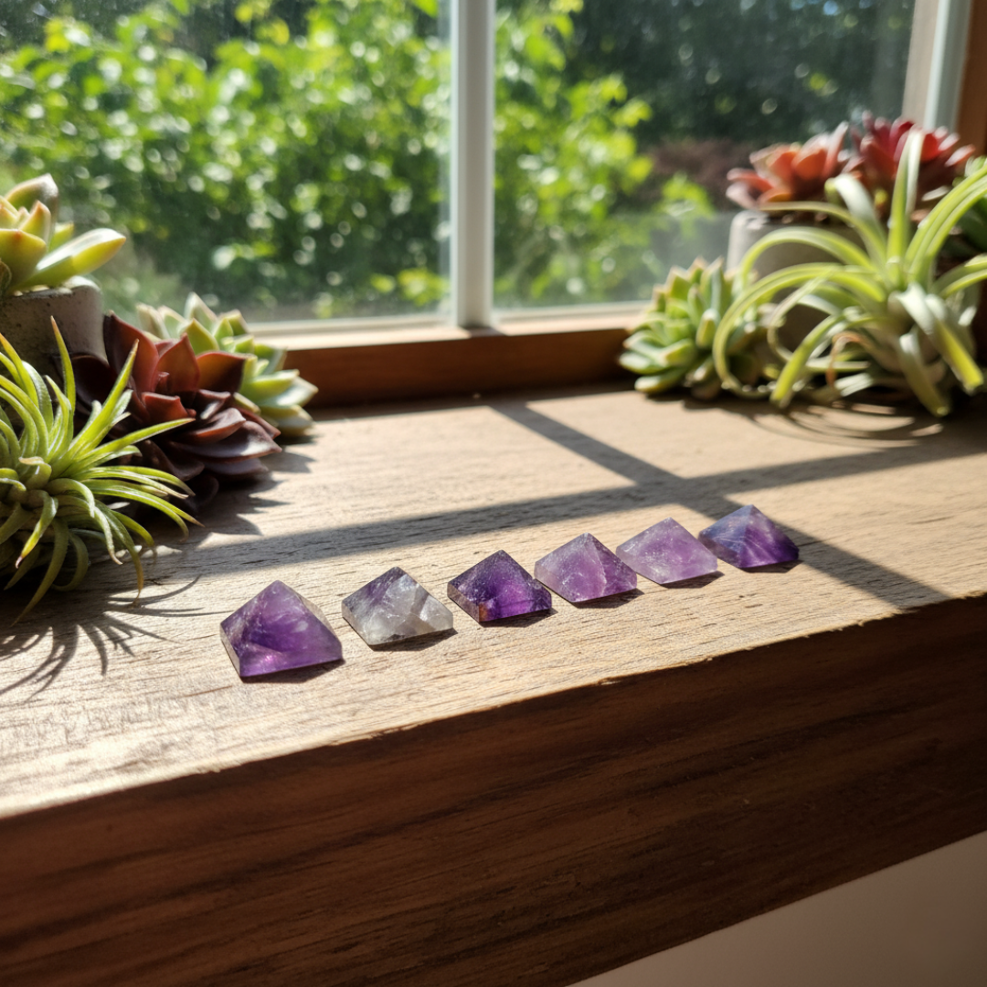 Natural Amethyst Crystal Pyramids – Set of 6 Micro Mini 15mm Pyramids