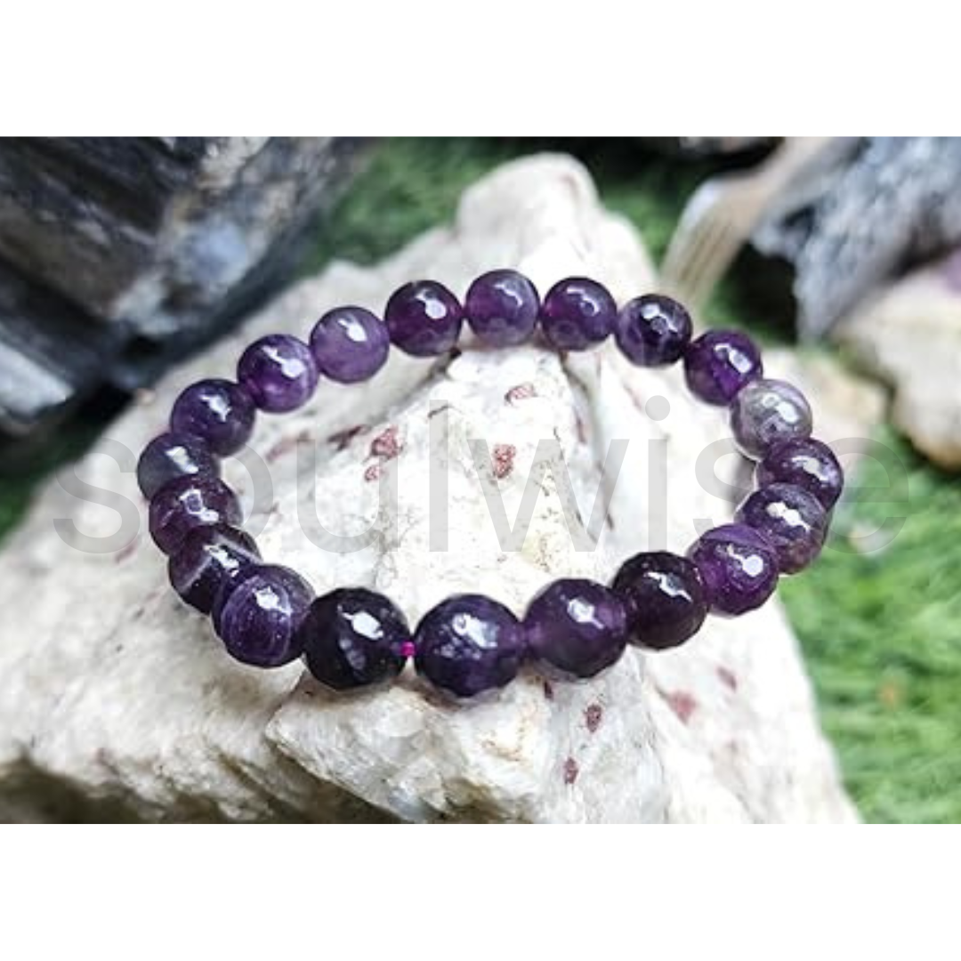Amethyst Bracelet Faceted Beads 10mm, healing crystal reduce stress, promote peace