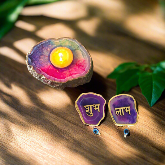 Decorative Diwali Combo, Agate Candle Holder & Shubh Labh Sticker | Crystal Tea Light Holder & Decorative Agate Sticker Set for Home Entrance & Pooja | Festive Gift for Positive Energy & Vastu