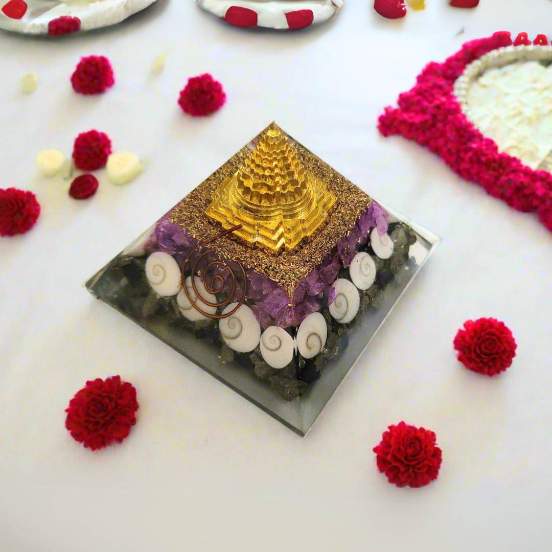 Dhan Suraksha, Laxmi Pyramid Orgonite Amethyst & Gomti Chakra