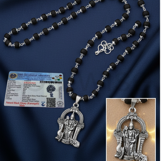 Karungali Mala with Lord Murugan Pendant – Handmade Ebony Wood Bead Necklace with Silver Alloy Pendant – Spiritual Protection Mala for Men & Women