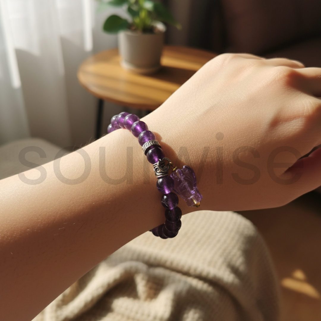 Amethyst 8mm Natural Crystal Healing Bracelet with Angel Charm