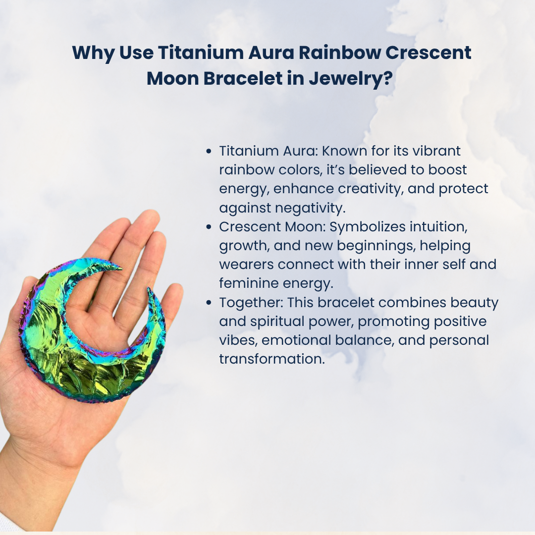 Titanium Aura Rainbow Crescent Moon Bracelet – Healing Crystal Chakra Jewelry for Well-Being & Happiness | Gold Plated Chain for Men & Women | Multicolor Quartz for Spiritual Growth & Energy Balance