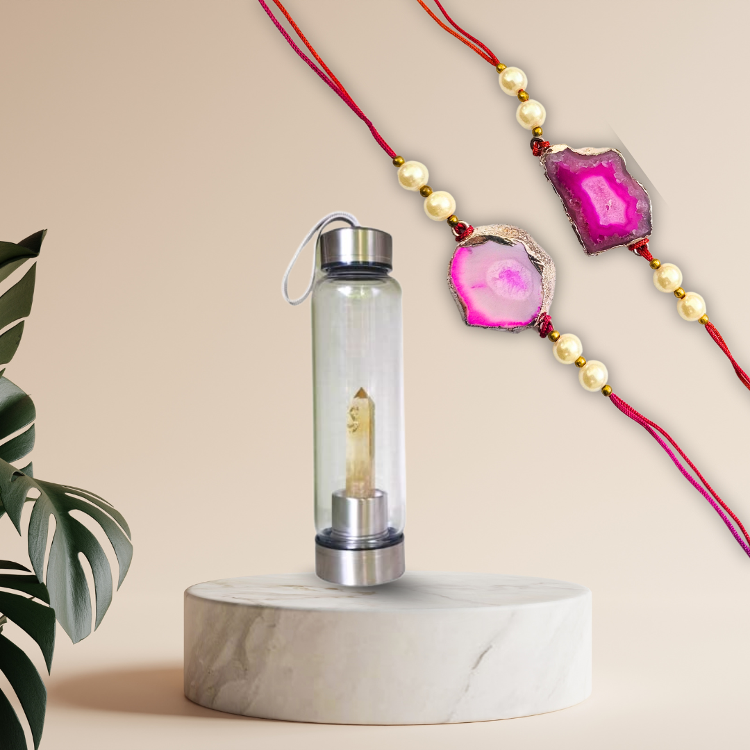 Rakhi Gift Hamper for Brother – Natural Agate Crystal Rakhi Band with Citrine Crystal Elixir Water Bottle (500 ml) – Spiritual Healing & Wellness Raksha Bandhan Combo.(Pack of 1 Rakhi & Bottle))