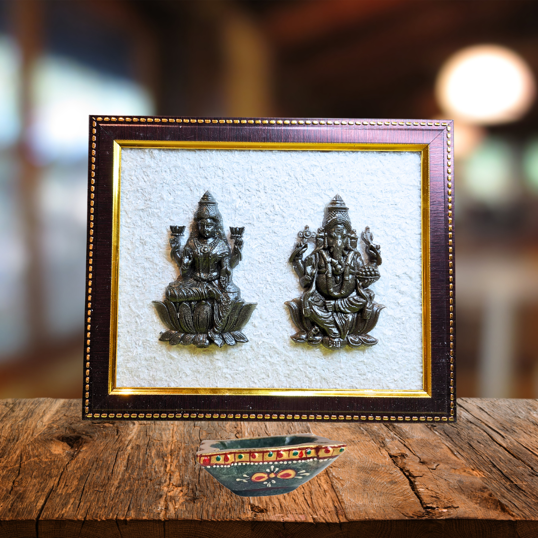 Diwali Special Combo – Maa Laxmi & Lord Ganesh Crystal Frame with Pyrite & Selenite + Hanuman Ji Gada 3" Gold-Plated with Stand | Spiritual Vastu Gift for Home & Office Decor