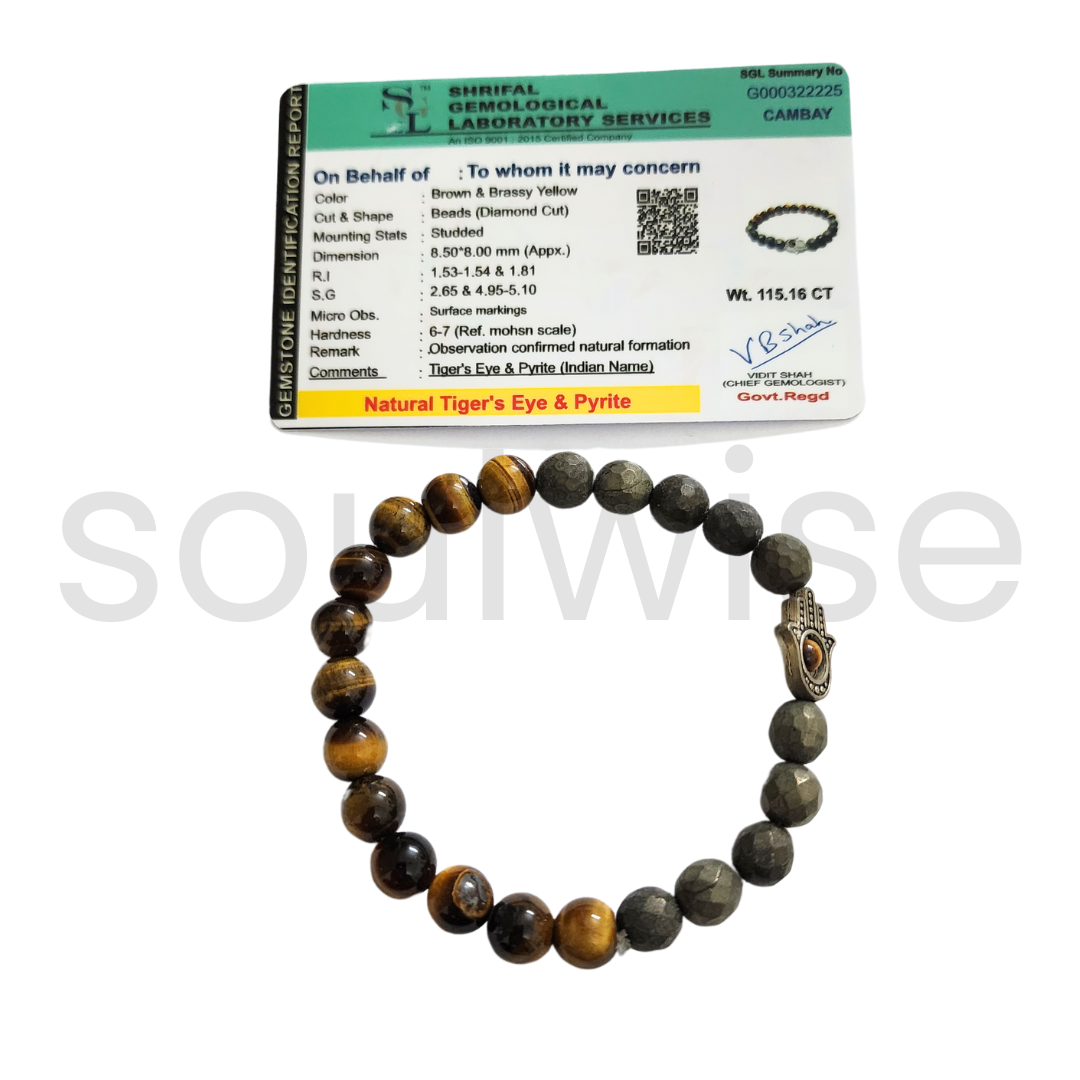 Soulwise Tiger's Eye and Pyrite Beads Bracelet with Hamsa Hand Charm, 8 mm, good luck, prosperity and protection.