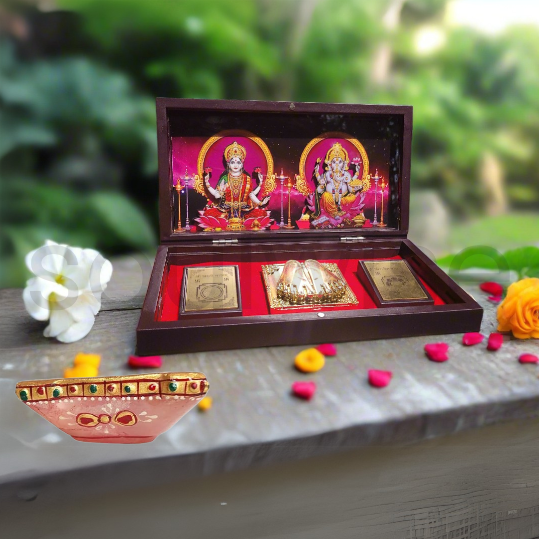 Diwali Pooja Laxmi Ganesh Mandir & 4-Flame Crystal Diya Set.
