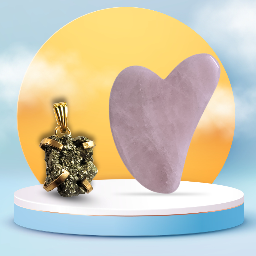 Rakhi Gift Combo – Raw Pyrite Crystal Pendant+ Rose Quartz Gua Sha Tool | Healing Energy & Skincare Ritual Love, Glow & Wellness Set for Your Sister