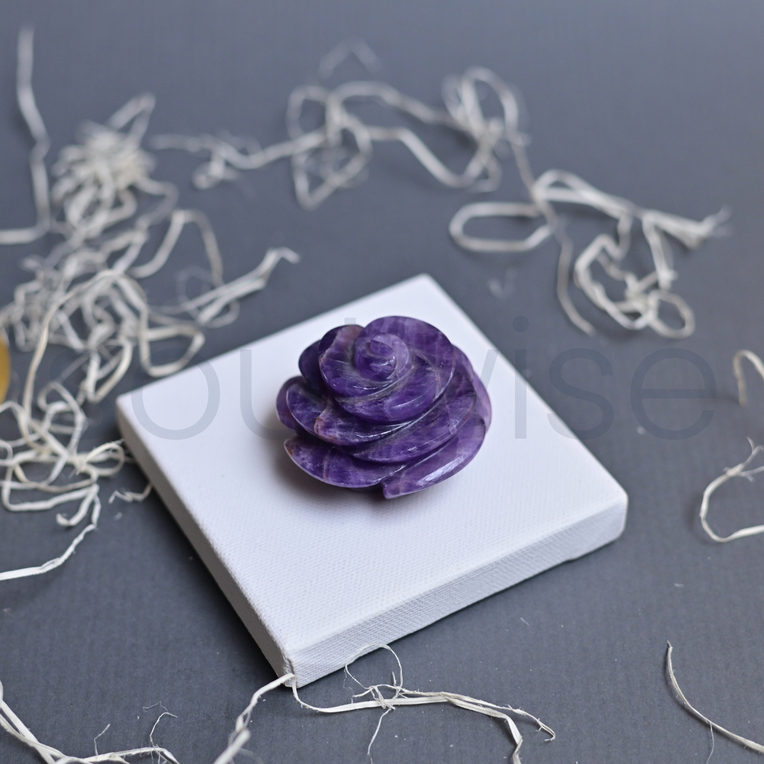 Amethyst Rose Flower with Healing Crystal Meaning Sticker – Hand-Carved Natural Amethyst Crystal Rose for Home Décor