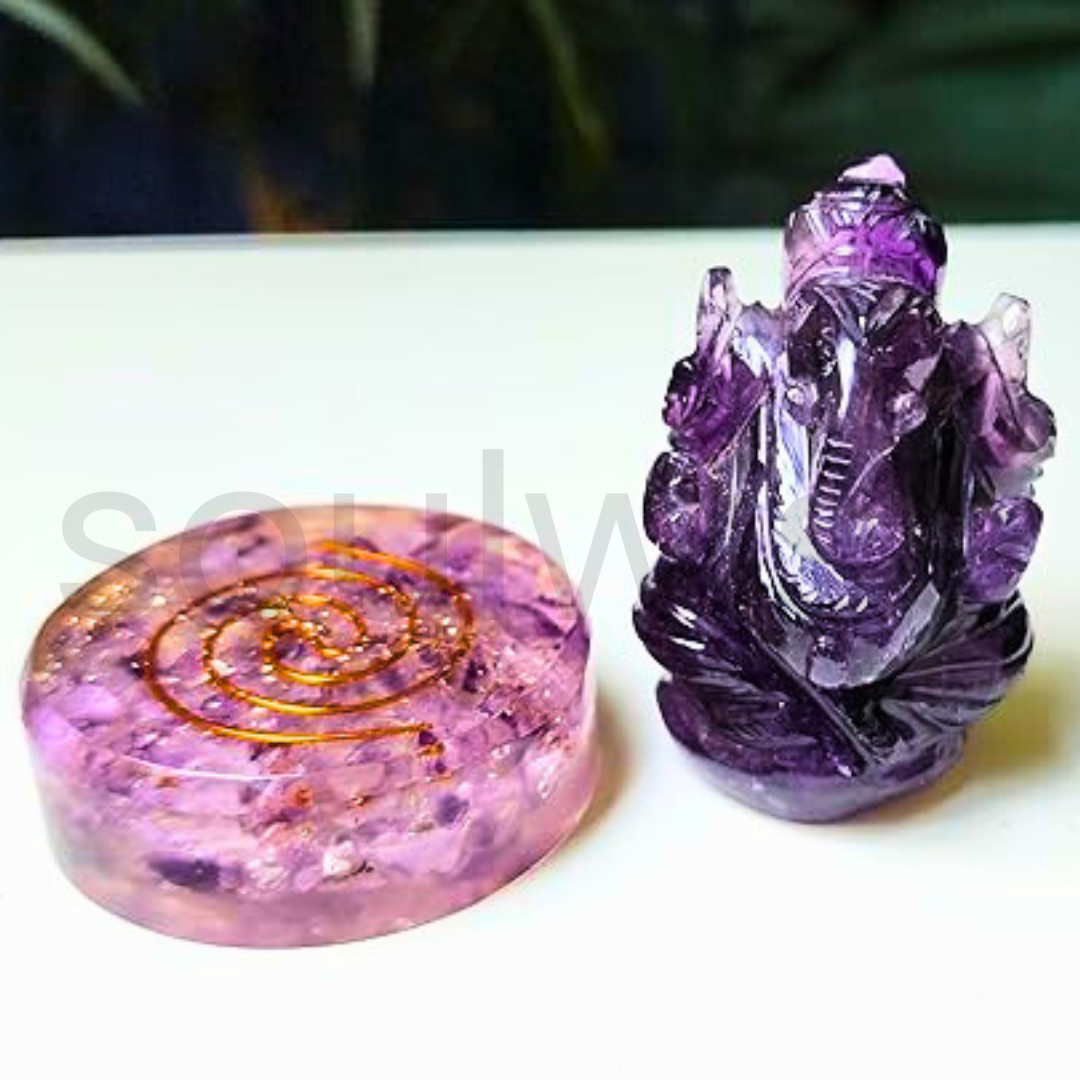 Amethyst Crystal Ganesha Statue 2" & paper weight table Decor Gift Set - Promotes Balance, Peace, Healing & Prosperity.