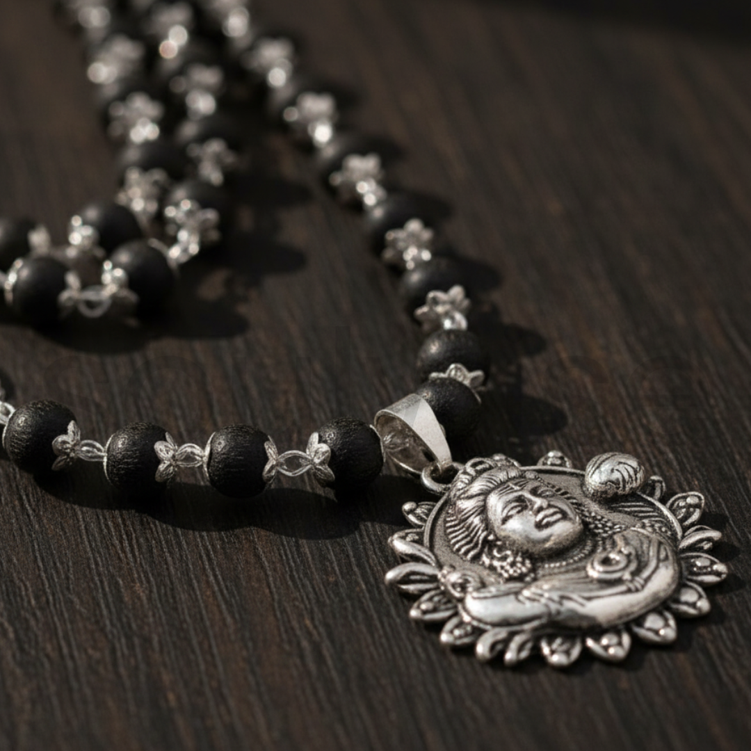 Karungali Mala with Lord Shiva Pendant – Handmade Ebony Wood Beads Necklace with Silver Alloy Pendant for Men & Women – Spiritual, Protective & Devotional Wear