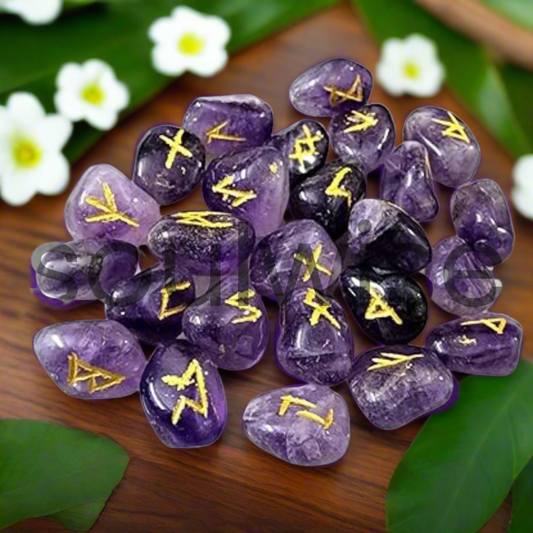 Amethyst Rune Stone Set – Hand-Carved Crystal Runes for Divination, Tarot Reading, Witchcraft, and Spiritual Guidance – Includes Velvet Pouch