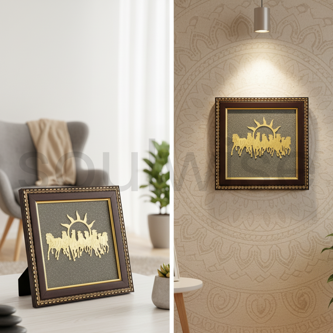 Seven Horses with Rising Sun Wall Frame on Natural Pyrite Base -Symbol of Success & Prosperity.