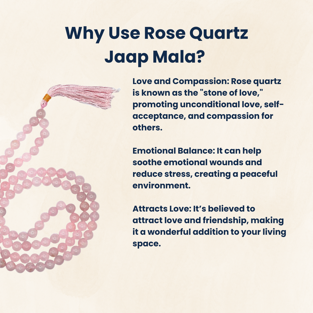 Rose Quartz 8mm Jaap Mala for Love, Healing & Meditation (108+1 Beads).