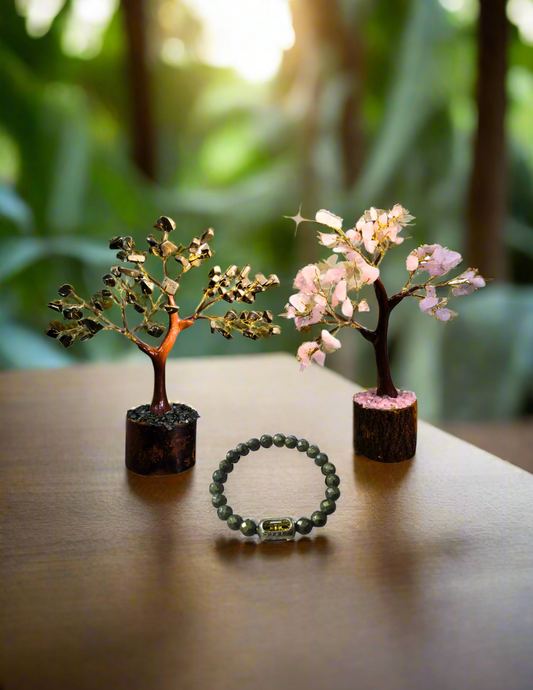 Soulwise Rakhi Gift Hamper for Brother – Pyrite & Rose Quartz Crystal Trees (6"), Pyrite & Vajra Bracelet – for protection and abundance