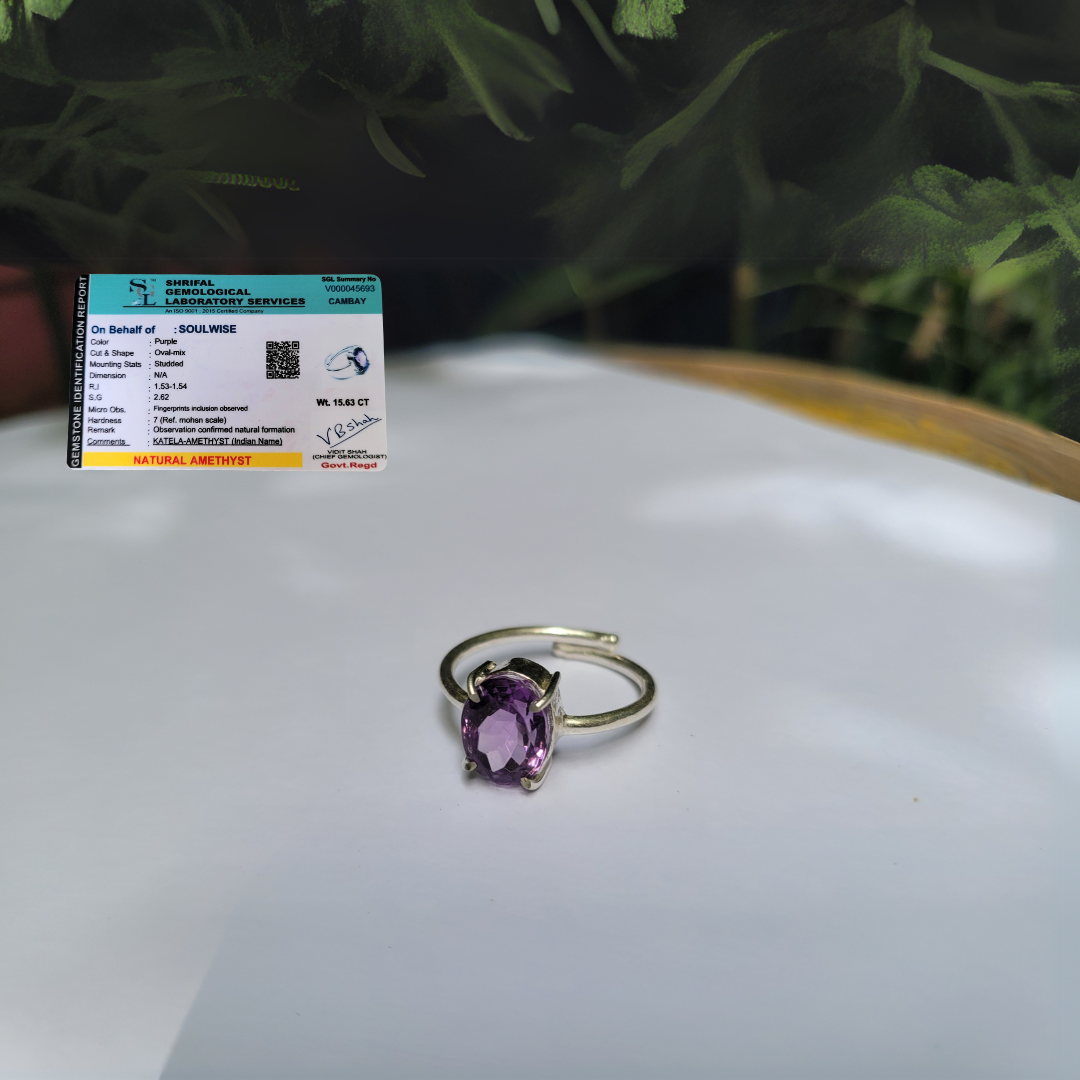 Amethyst Gemstone Certified Ring, Adjustable