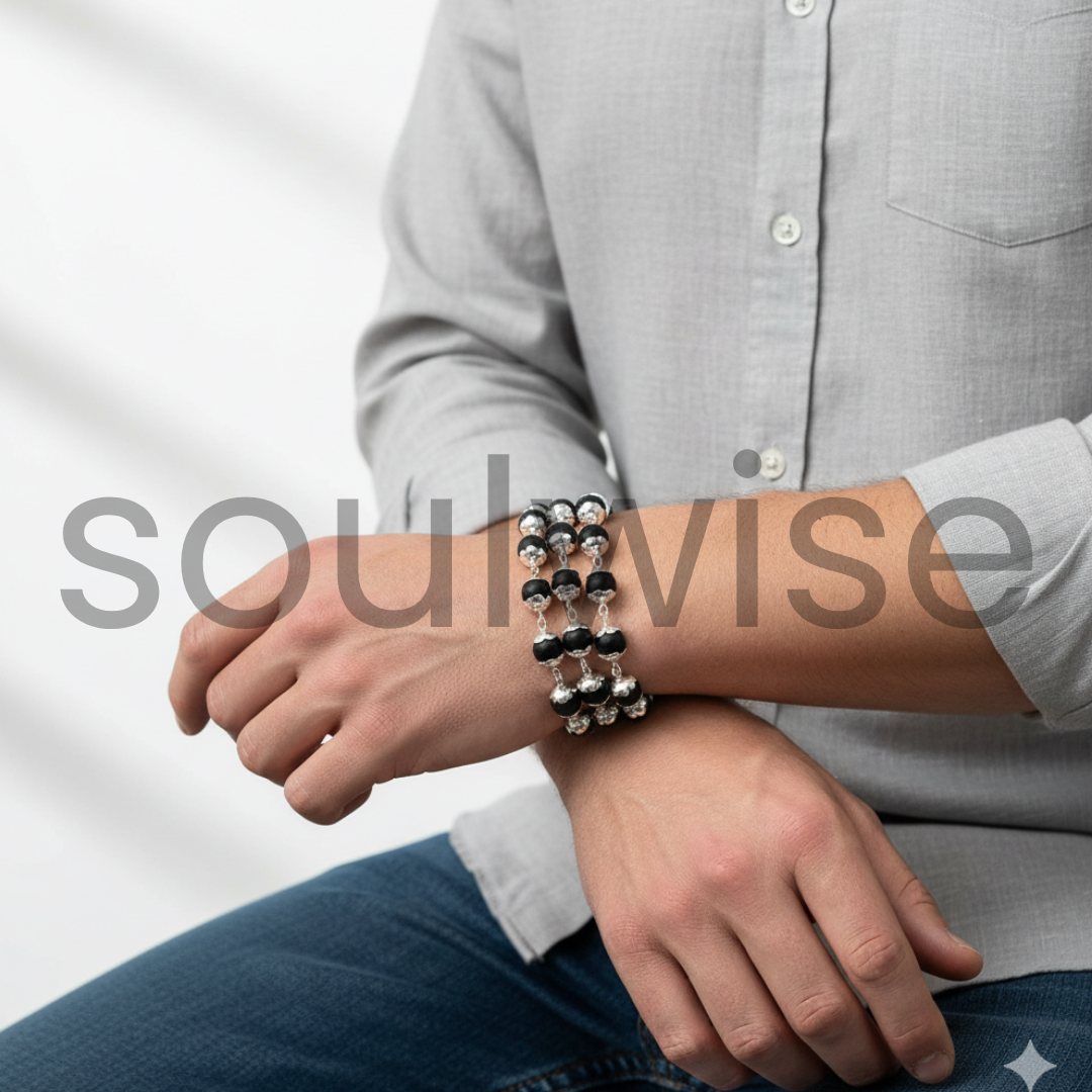 Soulwise Certified Karungali Mala 8mm – 54 Beads Natural Ebony Wood Mala with Silver Plated Caps – Traditional Spiritual Mala for Men & Women.