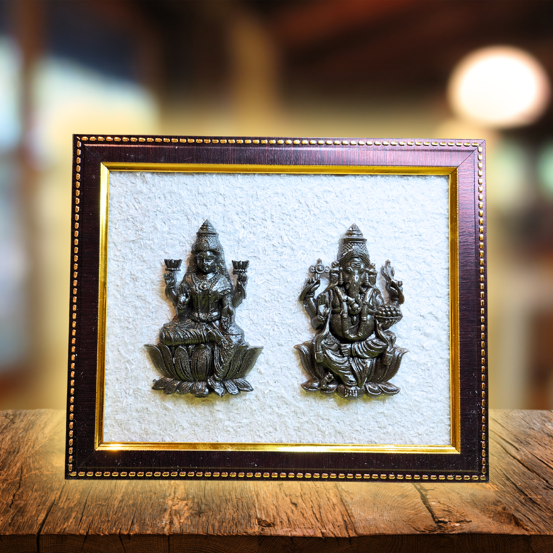 Maa Laxmi & Lord Ganesh Pyrite with Selenite Healing Crystals Frame – Vastu Spiritual Decorative Gift for Home, Office, Wealth & Positivity.