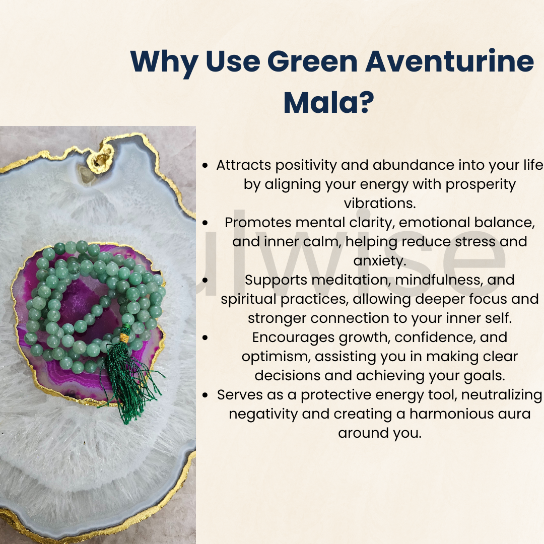 Soulwise Green Aventurine 8mm Jaap Mala – Natural Crystal Beads for Luck, Prosperity, Meditation, Spiritual Growth & Energy Healing