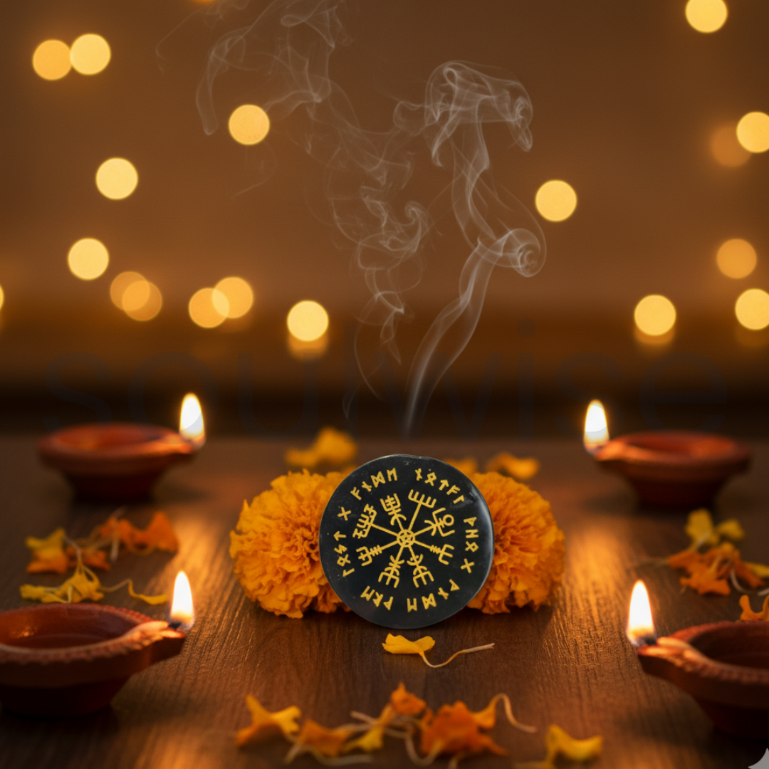 वेगविसिर वेफाइंडर ब्लैक एगेट, संरक्षण और मार्गदर्शन के लिए सजावटी रूनिक कम्पास