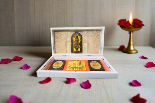 Diwali Gift for Home & Office | Ram Lalla Ram Mandir Gold Plated Charan Paduka Pocket Temple