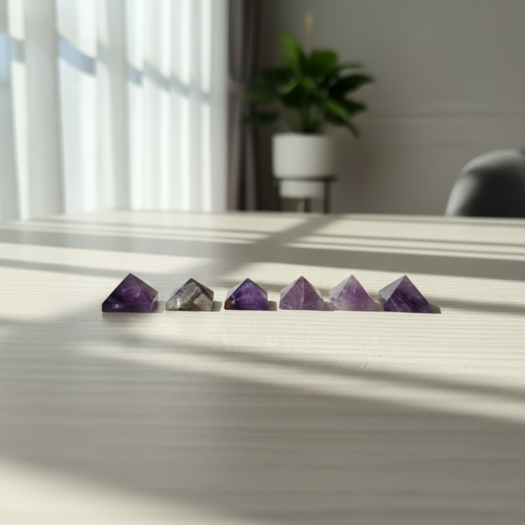 Natural Amethyst Crystal Pyramids – Set of 6 Micro Mini 15mm Pyramids