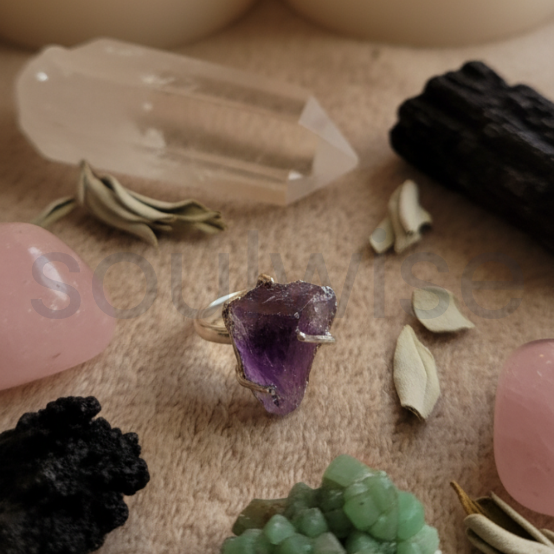 Raw Amethyst Crystal Ring – Natural Uncut Stone in Silver – Adjustable Handmade Ring – Healing Crystal Jewelry for Women & Men