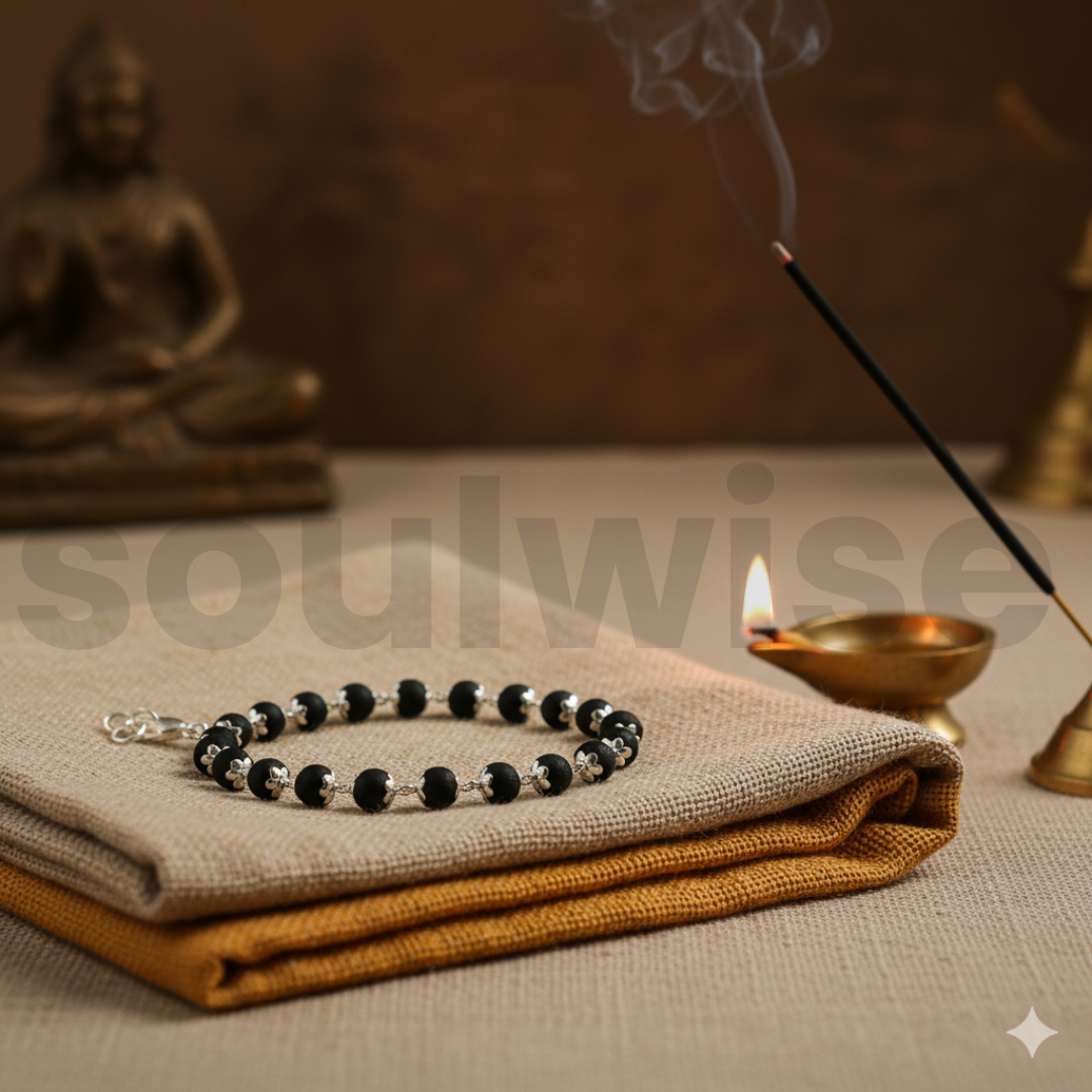 Karungali Bracelet for Men & Women | 8mm Natural Ebony Wood Beads | Silver Plated Caps | Siddha Spiritual Protection Bracelet