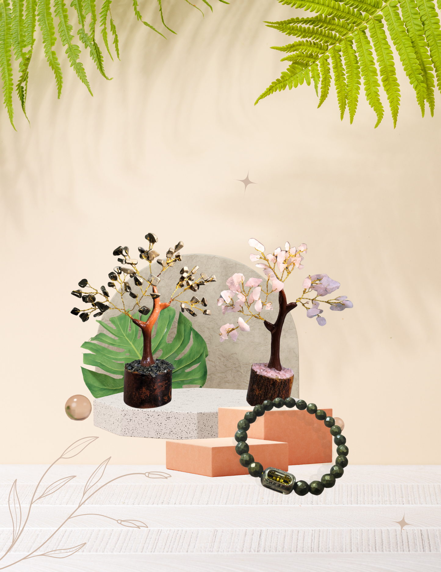 Soulwise Rakhi Gift Hamper for Brother – Pyrite & Rose Quartz Crystal Trees (6"), Pyrite & Vajra Bracelet – for protection and abundance