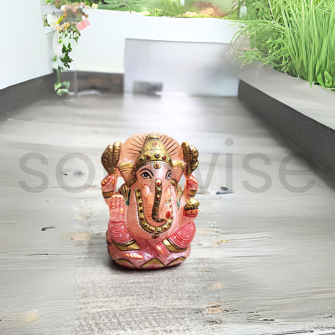 Soulwise Rose Quartz Ganesha Statue Figurine 12cm, Hand Painted Stone Idol 600 Gram, Symbol of Unconditional Love & Wealth