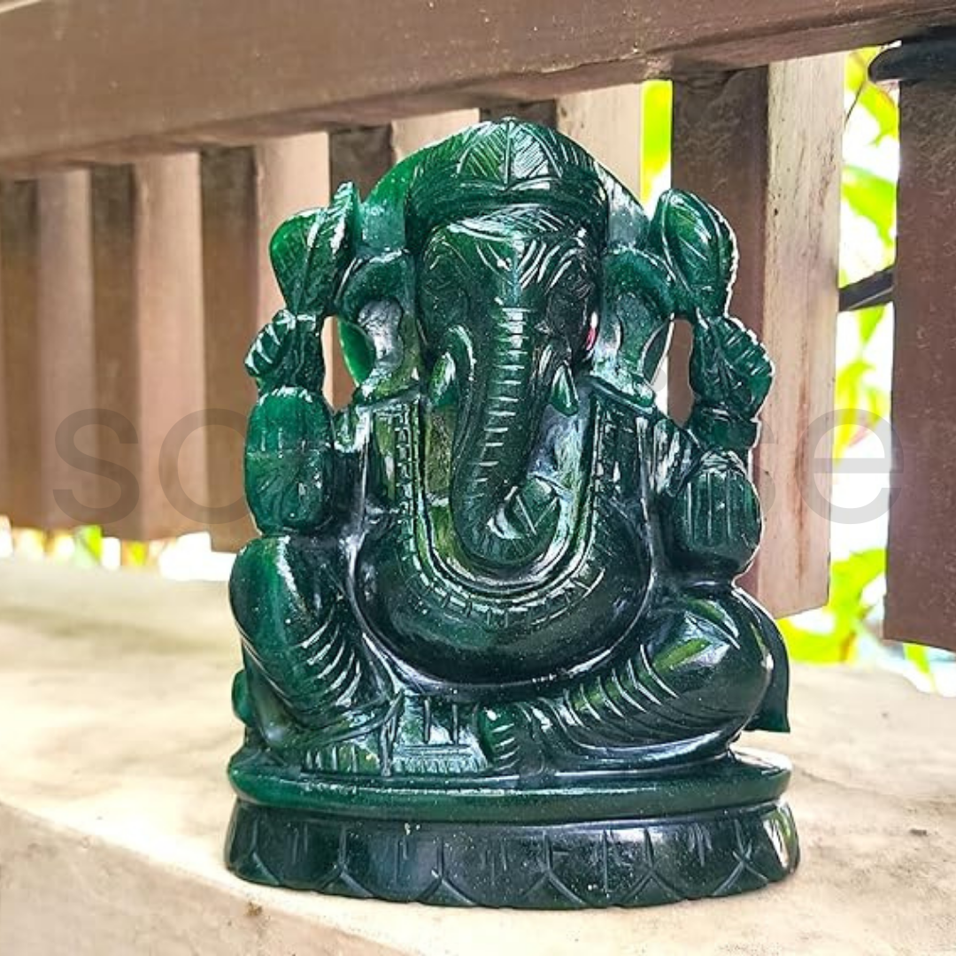 Soulwise Jade Ganesha Idol – 14 cm | Hand-Carved Green Jade Ganpati Statue for Prosperity, Healing & Heart Chakra Energy