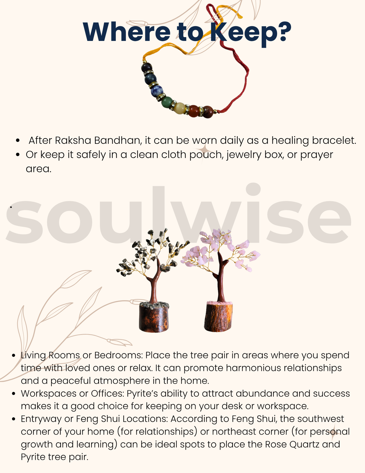 Soulwise Rakhi Gift for Brother – Rose Quartz & Pyrite Crystal Tree Set with Wooden Base (6") + Designer 7 Chakra Healing Stone Rakhi – Raksha Bandhan Special Combo Gift.