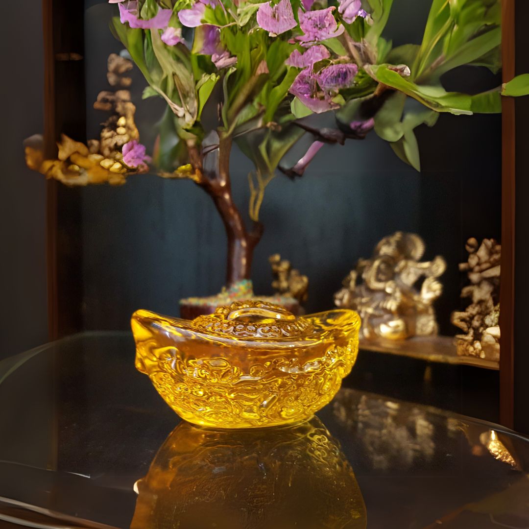 Golden Citrine Glass Ingot for Wealth & Business Success | Feng Shui & Vastu Remedy