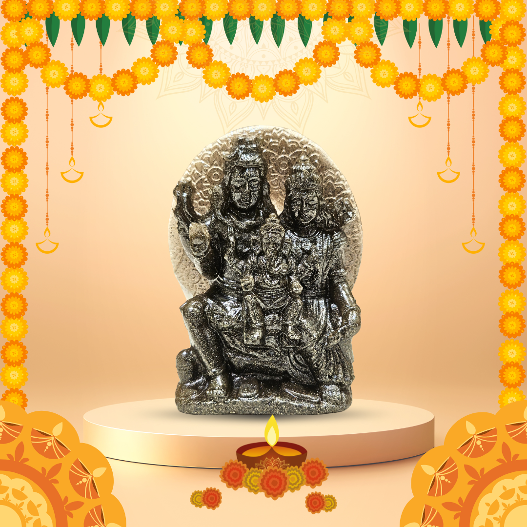 Divine Family Statue of Lord Shiva, Parvati, & Ganesha |Pyrite Shiva Parivar Idol | Prosperity & Protection Figurine for Home Temple, Vastu, Meditation & Spiritual Gifts.
