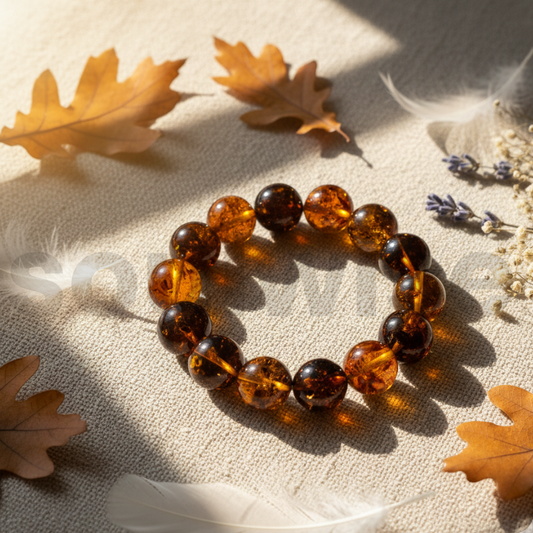 Natural Amber Healing Bracelet – 20mm Round Beads for Men & Women | Raw Baltic Amber | Pain Relief, Energy, and Grounding | Crystal Jewelry for Spiritual Wellness