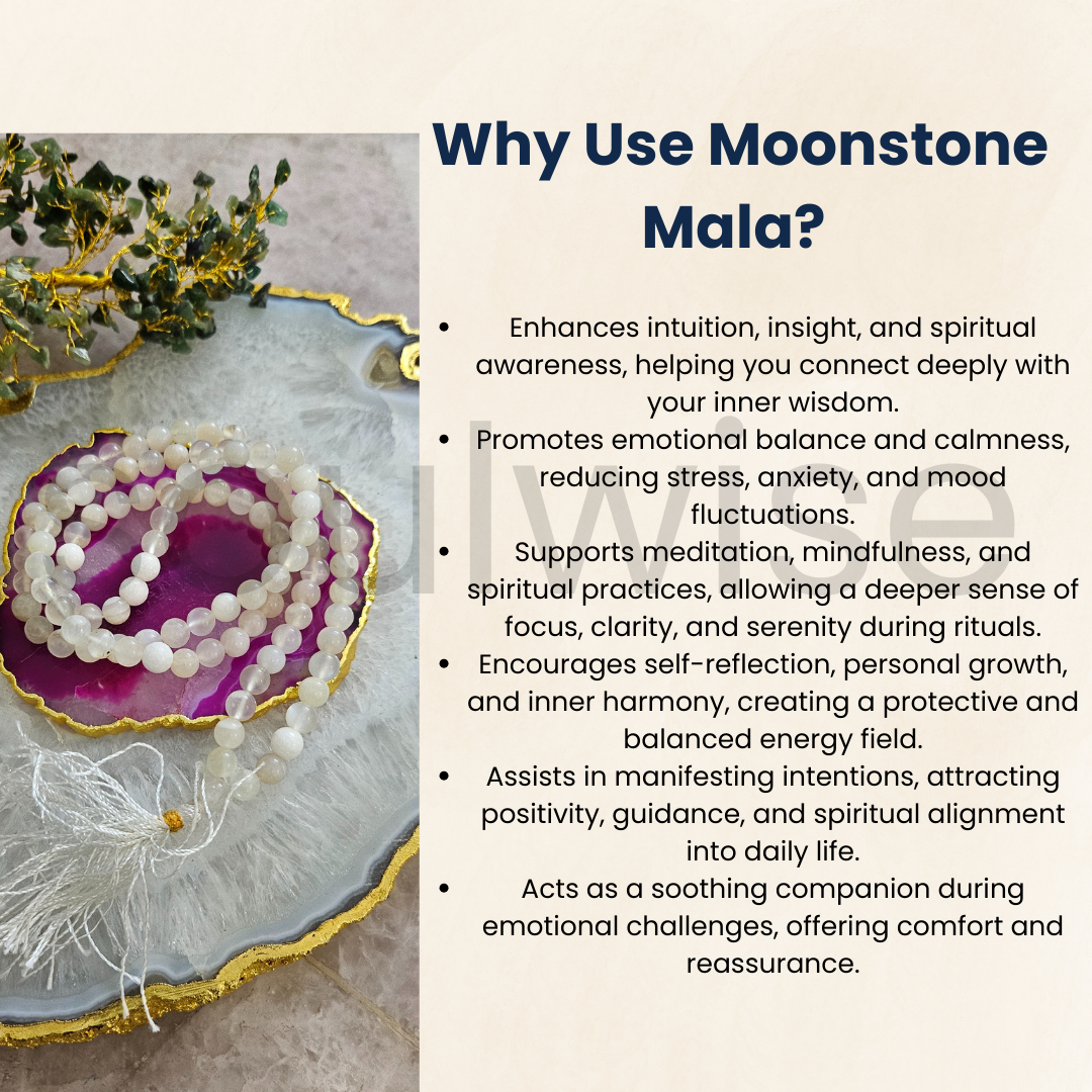 Soulwise Moonstone 108 Beads Jaap Mala – Natural Crystal Necklace for Intuition, Emotional Balance, Meditation, Chakra Healing & Spiritual Growth