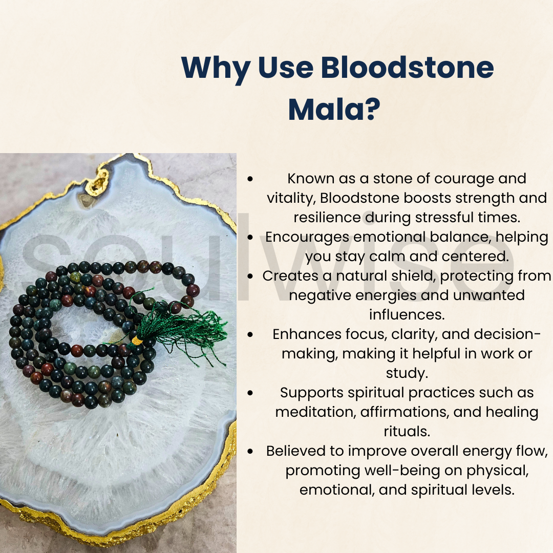 Soulwise Natural Bloodstone 108 Beads Jaap Mala- Handmade Gemstone Beads for Men & Women, Spiritual Gift & Mindfulness Accessory