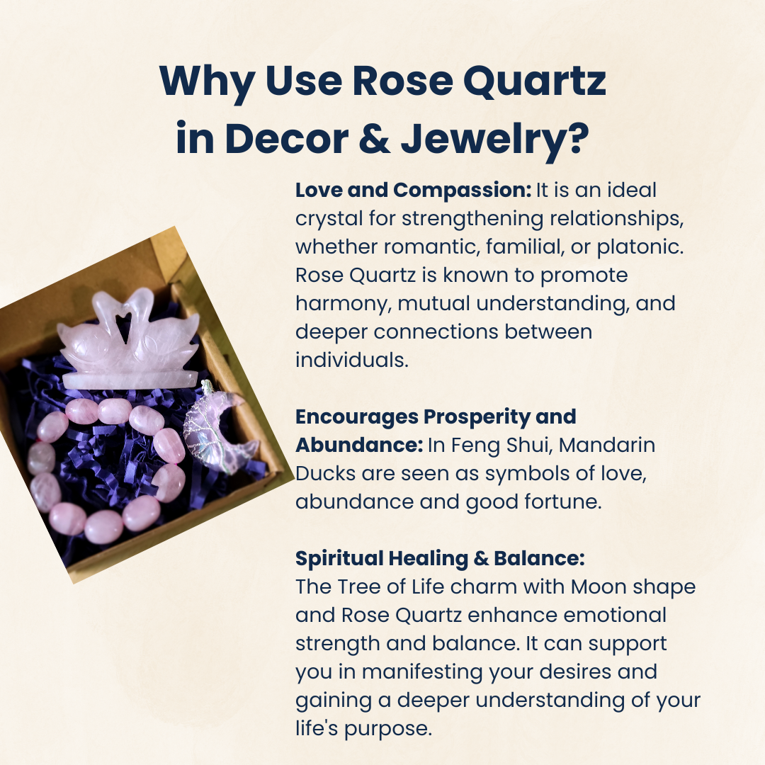 Valentine Gift Set - Rose Quartz Mandarine Ducks, Tumble Bracelet, & Moon Shape Pendant