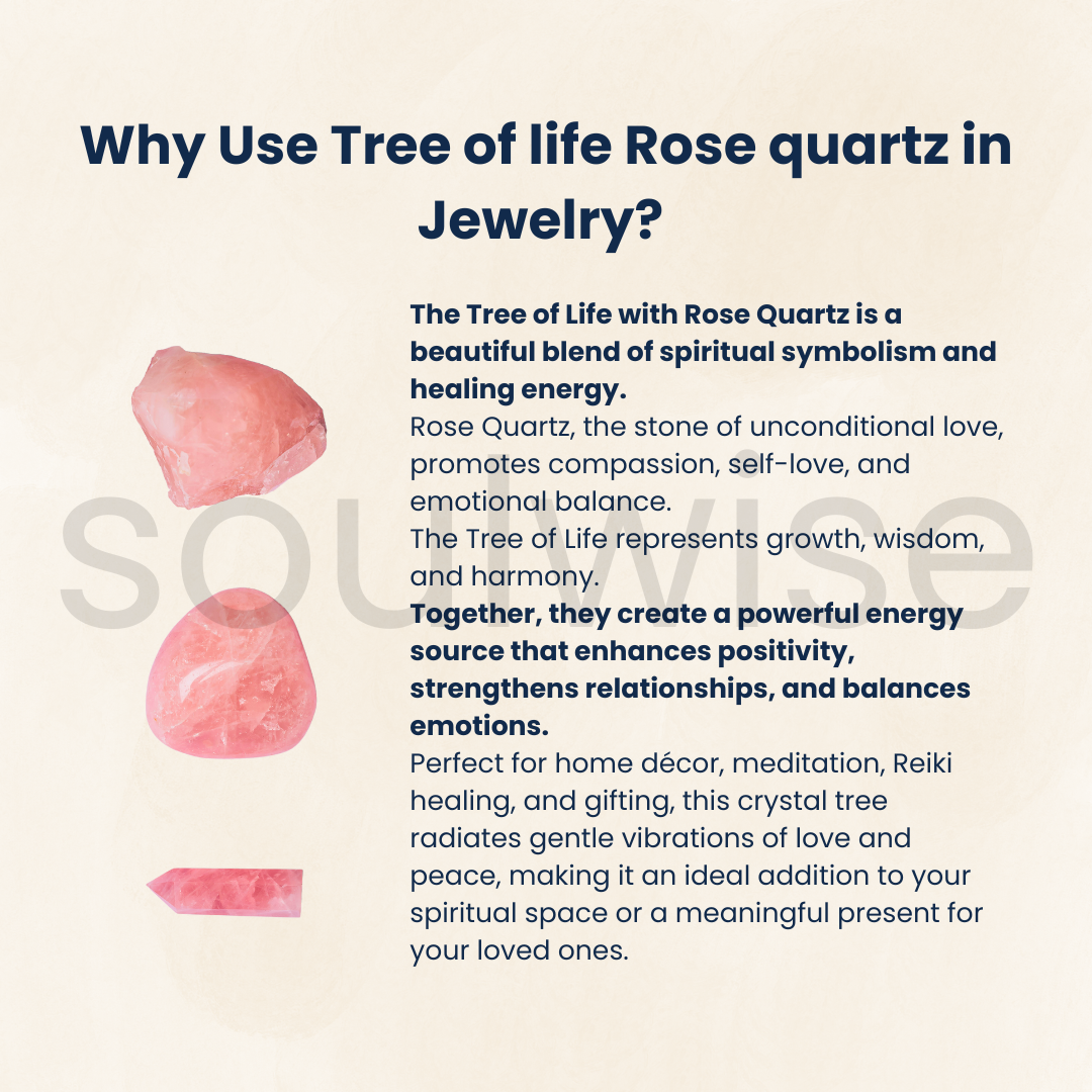 Soulwise Rose Quartz Tree of Life Pendant – Natural Pink Crystal Necklace for Healing, Love, and Spiritual Growth – Handcrafted Tree of Life Design