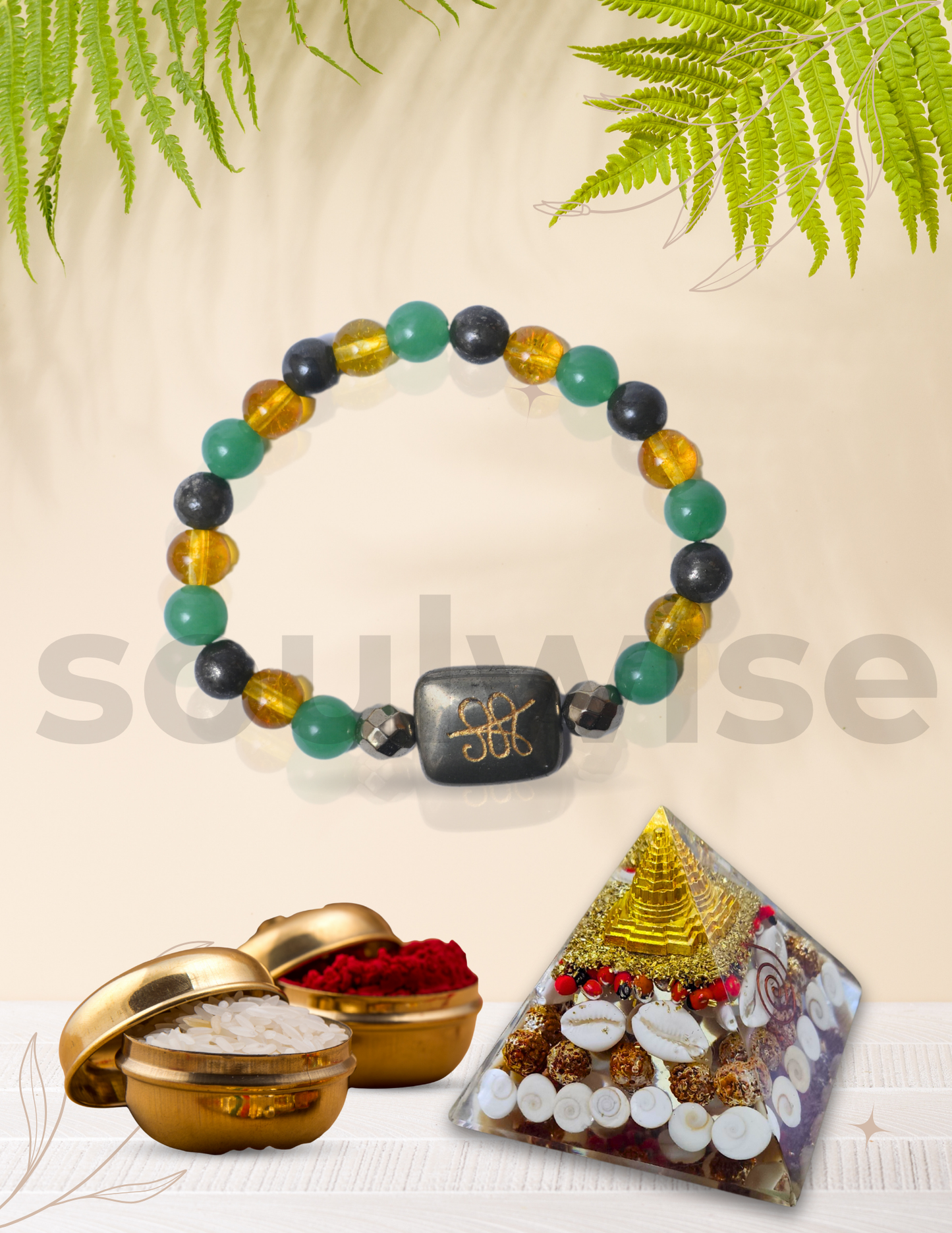Soulwise Rakhi Gift for Brother Zibu Wealth Bracelet with Certified Pyrite, Green Aventurine & Citrine Crystals (8mm) + Laxmi Pyramid Combo.