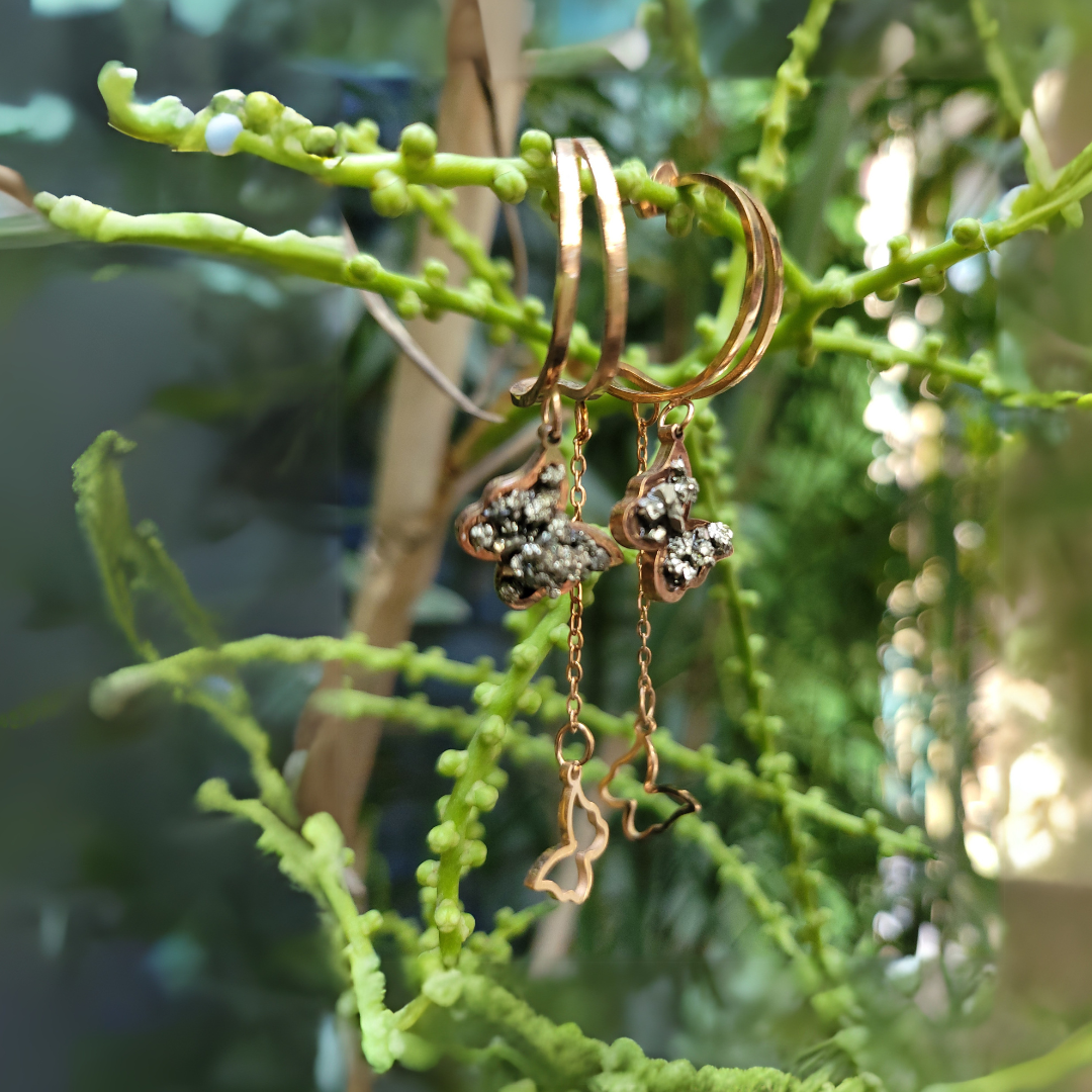 Natural Pyrite Butterfly Drop Earrings, Rose Gold-Plated , Certified