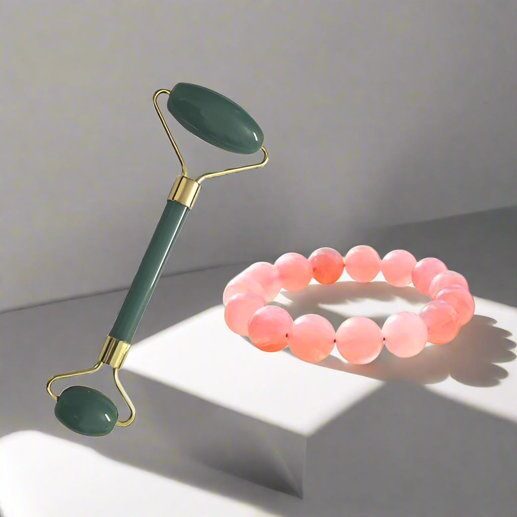 Rakhi Gift Combo – Rose Quartz Bracelet & Jade Face Rollers for Sister | 2-in-1 Crystal Facial Massage Tools | Skincare, Glow & Relaxation | Raksha Bandhan Present
