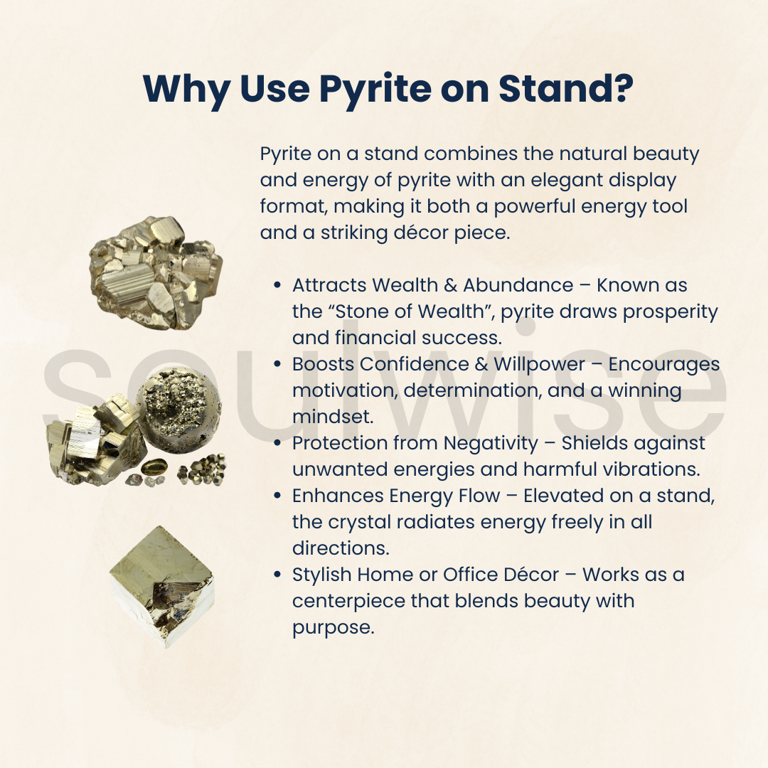 Soulwise Natural Pyrite on Metal Stand – 3" Golden Healing Crystal for Energy Balancing, Motivation & Table Décor