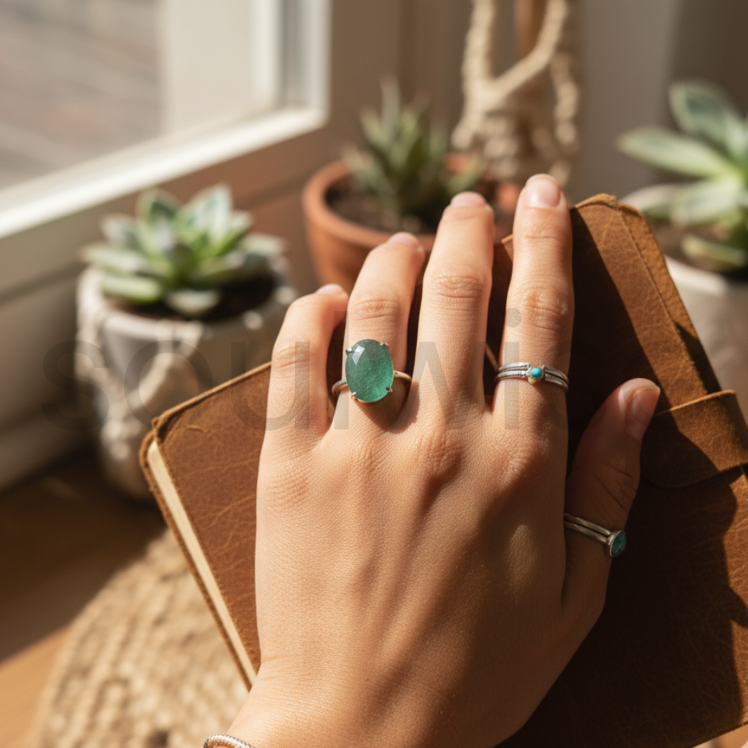 Green Aventurine Gemstone Ring – Natural Crystal Ring in Sterling Silver, Handmade Healing Stone Jewelry for Women – Boho, Spiritual & Elegant