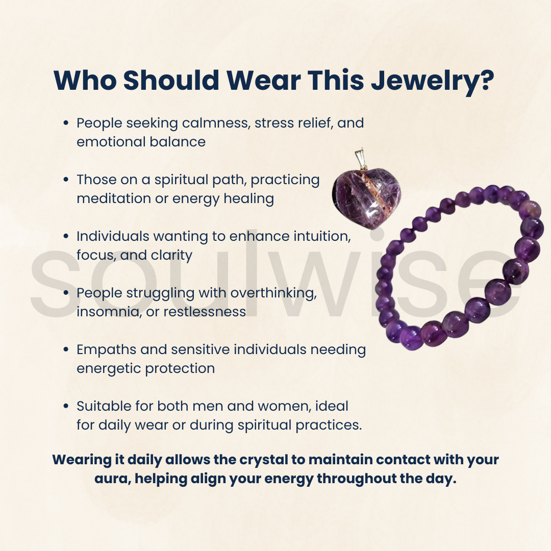 Natural Amethyst Crystal Bracelet (8mm) & Heart-Shaped Pendant Necklace Set – Healing, Protection & Spiritual Balance
