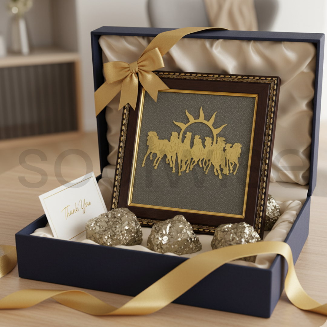 Seven Horses with Rising Sun Wall Frame on Natural Pyrite Base -Symbol of Success & Prosperity.