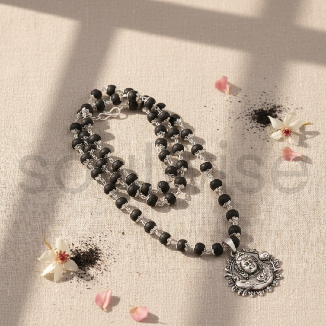 Karungali Mala with Lord Shiva Pendant – Handmade Ebony Wood Beads Necklace with Silver Alloy Pendant for Men & Women – Spiritual, Protective & Devotional Wear